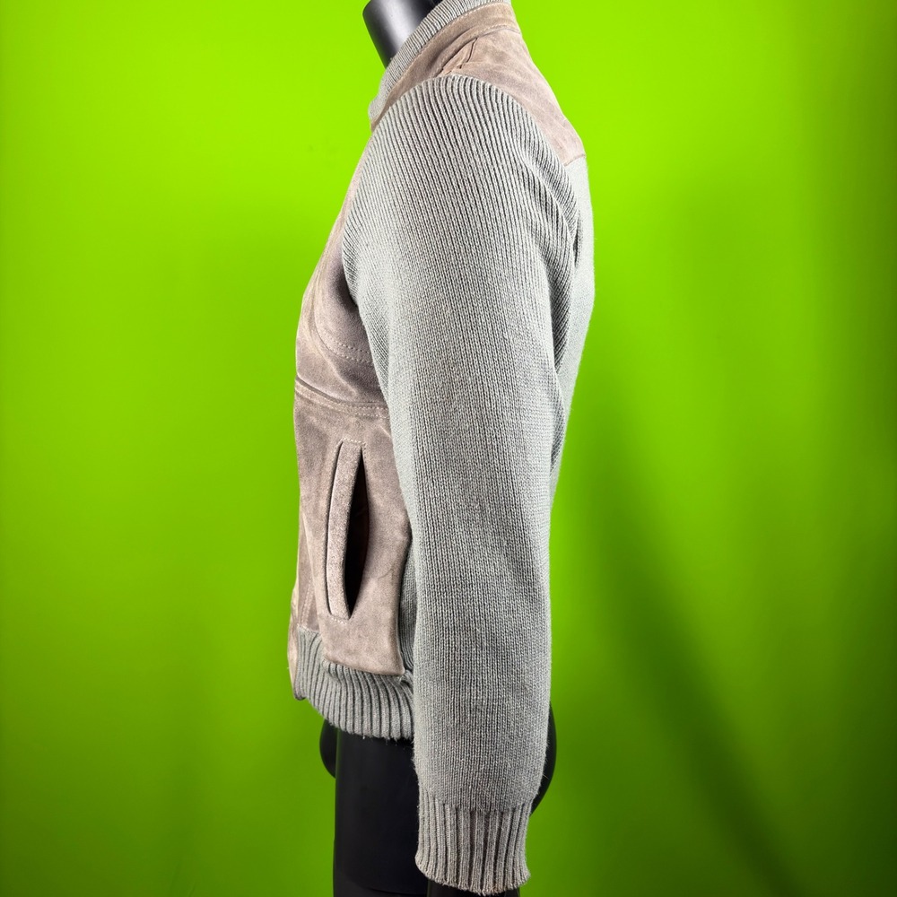Vintage 80s Alvin Josef Suede Leather Knit Sleeve Bomber Jacket Gray Medium M - Picture 3 of 10